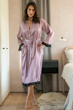 Load image into Gallery viewer, Pour Moi Dusk Satin and Lace Kimono Sleeve Dressing Gown - Mauve/Black
