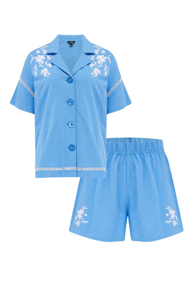 Pour Moi Cotton Jersey Embroidered Revere Collar Shirt and Short Set - Blue/White