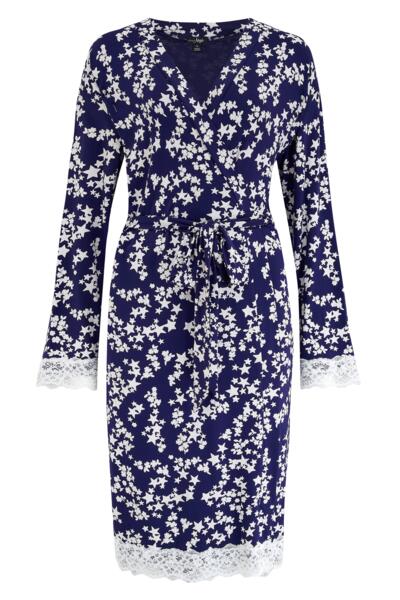 Pour Moi Sofa Loves LaceJersey Wrap Dressing Gown - Navy/White