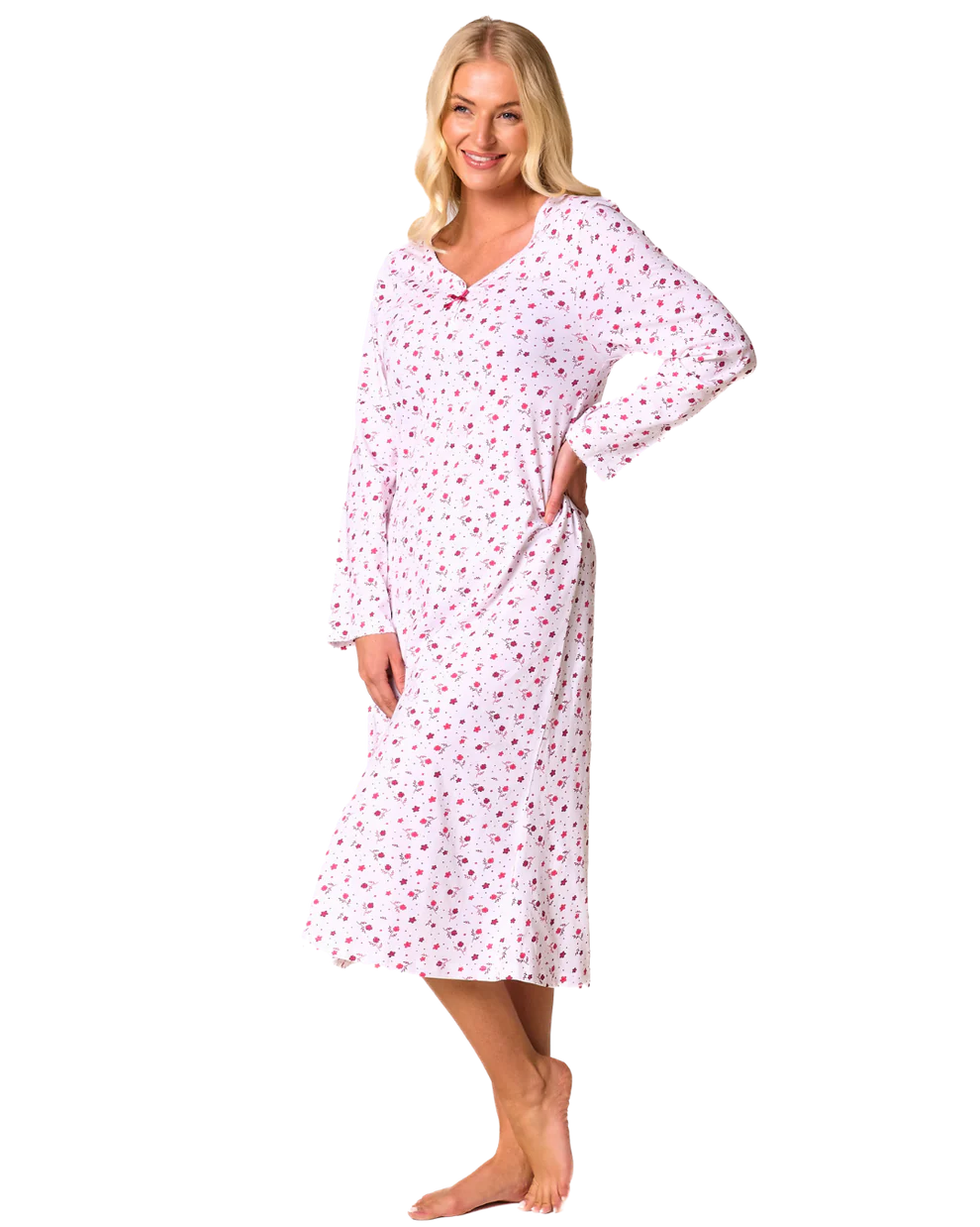 Ditsy Floral Print 100% Cotton Jersey Long Sleeve Nightdress