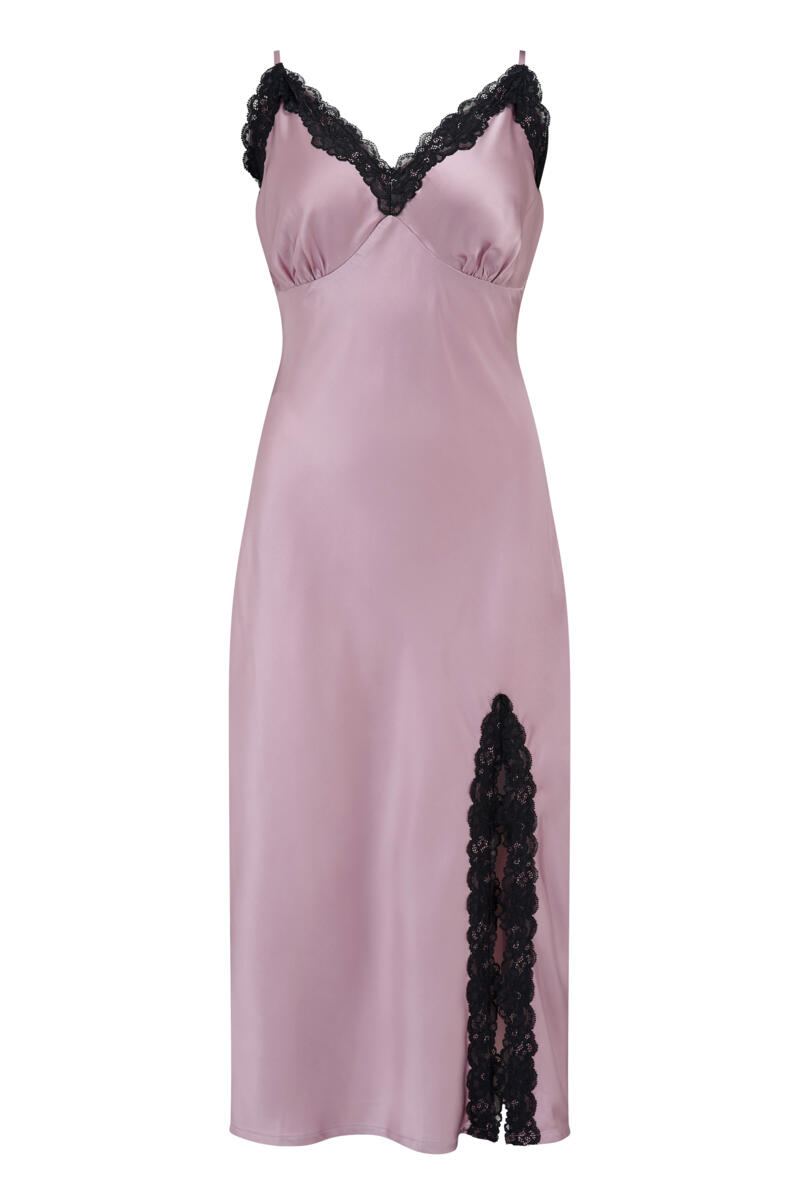 Pour Moi Dusk Satin and Lace Midi Chemise - Mauve/Black
