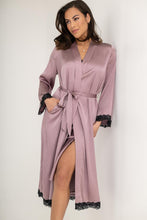 Load image into Gallery viewer, Pour Moi Dusk Satin and Lace Kimono Sleeve Dressing Gown - Mauve/Black
