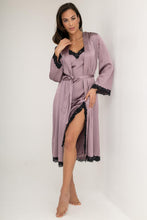 Load image into Gallery viewer, Pour Moi Dusk Satin and Lace Kimono Sleeve Dressing Gown - Mauve/Black
