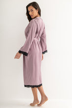 Load image into Gallery viewer, Pour Moi Dusk Satin and Lace Kimono Sleeve Dressing Gown - Mauve/Black
