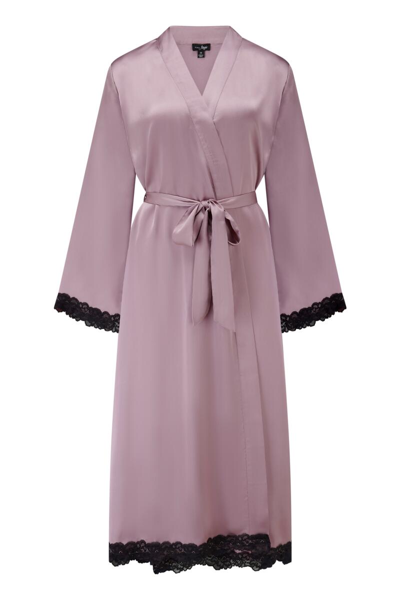 Pour Moi Dusk Satin and Lace Kimono Sleeve Dressing Gown - Mauve/Black