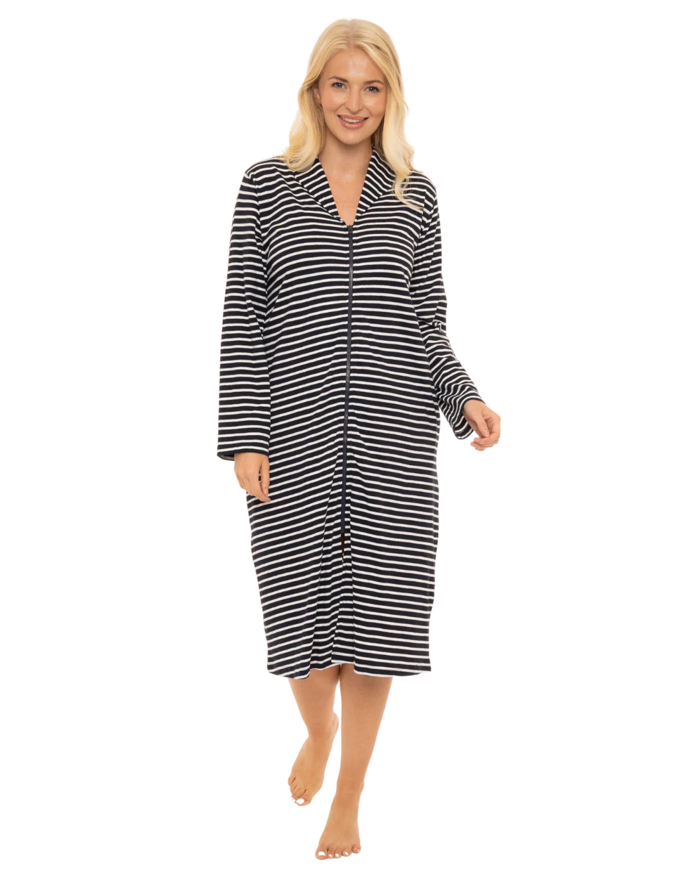 Cotton Stripe Zip Dressing Gown