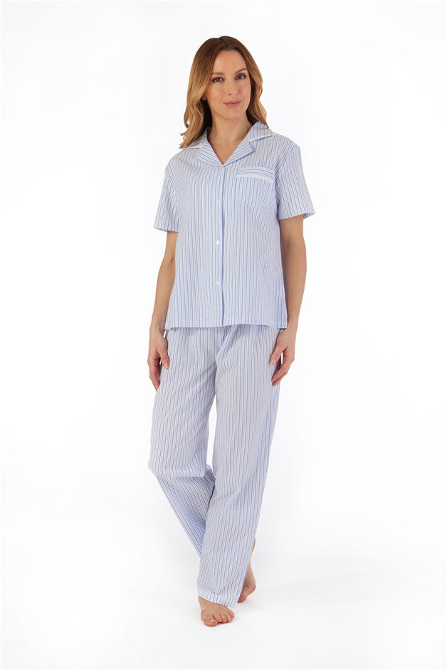 Slenderella Pinstripe Seersucker Short Sleeve Button Through Pyjama - PJ55225